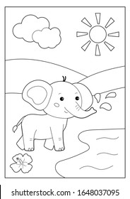 Coloring page or book for children. Cute cartoon elephant with exotic flower. African animals. Educational game.