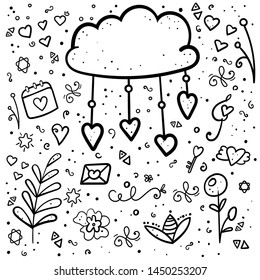Coloring page or book. Cloud and hearts. Hygge. Doodles love and floral elements. - Vector. Vector illustration