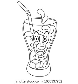 Coloring page. Coloring book. Cola Cup. Happy Drinks concept. Funny Emoticon. Smiley idea. Emoji cartoon design for t-shirt print, icon, logo, label, patch, sticker.