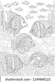 Coloring Page. Coloring Book. Colouring picture with collection of tropical fishes. Antistress freehand sketch drawing with doodle and zentangle elements.