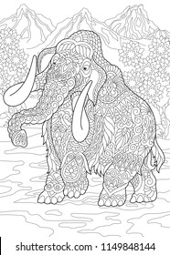 Coloring Page. Coloring Book. Colouring picture with mammoth. Antistress freehand sketch drawing with doodle and zentangle elements.