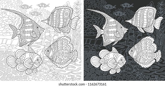 Coloring Page. Coloring Book. Colouring picture with tropical fishes drawn in zentangle style. Antistress freehand sketch drawing. Vector illustration.