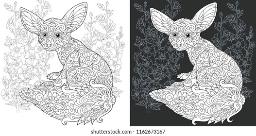 Coloring Page. Coloring Book. Colouring picture with Fennec Fox drawn in zentangle style. Antistress freehand sketch drawing. Vector illustration.