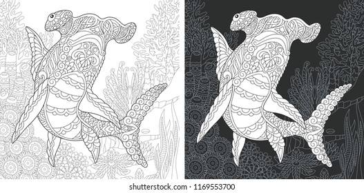 Coloring Page. Coloring Book. Colouring picture with Hammer head Shark drawn in zentangle style. Antistress freehand sketch drawing. Vector illustration.