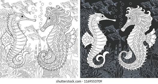 Coloring Page. Coloring Book. Colouring picture with Sea horses drawn in zentangle style. Antistress freehand sketch drawing. Vector illustration.