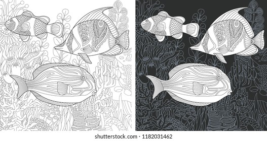 Coloring Page. Coloring Book. Colouring picture with Tropical Fishes drawn in zentangle style. Antistress freehand sketch drawing. Vector illustration.