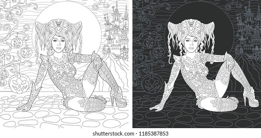 Coloring Page. Coloring Book. Colouring picture with Halloween witch drawn in zentangle style. Antistress freehand sketch drawing. Vector illustration.