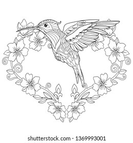 Coloring Page. Coloring Book. Colouring picture with hummingbird and flowers in heart shape. Antistress freehand sketch drawing with doodle and zentangle elements.