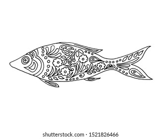 Coloring Page. Coloring Book. Colouring picture with fish drawn in zentangle style. Antistress freehand sketch drawing. Vector illustration.