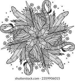 Farbseite. Farbbuch. Farbbild mit Flamingo im zentangle-Stil. Antistress Freibord und Skizzenzeichnung. Vektorgrafik.