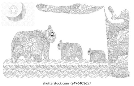 Coloring Page. Coloring Book. Colouring picture with Koala Bears. Antistress freehand sketch drawing with doodle and zentangle elements.