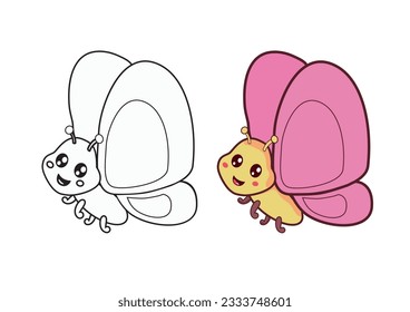 Coloring page for book of cute cartoon of butterfly. Kids drawing art page with insect. Children's educational game coloring book. Activity page and worksheet.