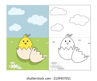 coloring page or book. Cute Chiken. Educational Game for Kids, for preschool children. Vector Illustration.  Paint book or page. drawing kids activity. 
 Easter chiken.