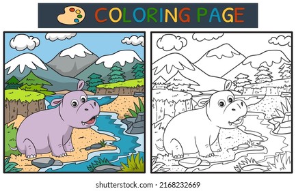 coloring page or book with cute hippo cartoon in the forest