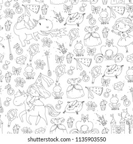 Coloring page for book. Cute little princess with unicorn and dragon. Castle for little girl, dress, magic wand. Fairy tale icons with crown and frog. Fantasy illustration