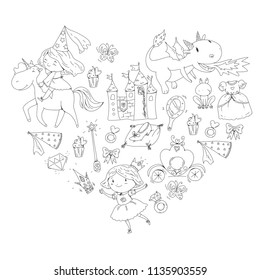 Coloring page for book. Cute little princess with unicorn and dragon. Castle for little girl, dress, magic wand. Fairy tale icons with crown and frog. Fantasy illustration