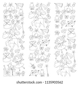 Coloring page for book. Cute little princess with unicorn and dragon. Castle for little girl, dress, magic wand. Fairy tale icons with crown and frog. Fantasy illustration