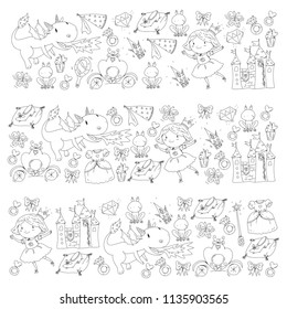 Coloring page for book. Cute little princess with unicorn and dragon. Castle for little girl, dress, magic wand. Fairy tale icons with crown and frog. Fantasy illustration