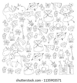 Coloring page for book. Cute little princess with unicorn and dragon. Castle for little girl, dress, magic wand. Fairy tale icons with crown and frog. Fantasy illustration