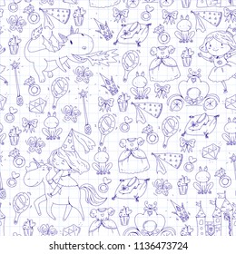 Coloring page for book. Cute little princess with unicorn and dragon. Castle for little girl, dress, magic wand. Fairy tale icons with crown and frog. Fantasy illustration