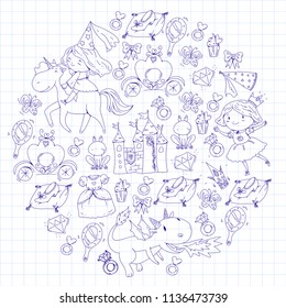 Coloring page for book. Cute little princess with unicorn and dragon. Castle for little girl, dress, magic wand. Fairy tale icons with crown and frog. Fantasy illustration