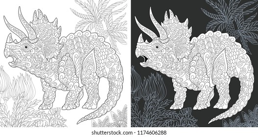 Coloring Page. Coloring Book. Dinosaur collection. Colouring picture with Triceratops drawn in zentangle style. Antistress freehand sketch drawing. Vector illustration.