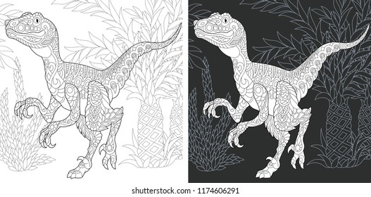 Farbseite. Farbbuch. Dinosauriersammlung. Farbbild mit Raptor im zentangle-Stil. Antistress Freibord und Skizzenzeichnung. Vektorgrafik.