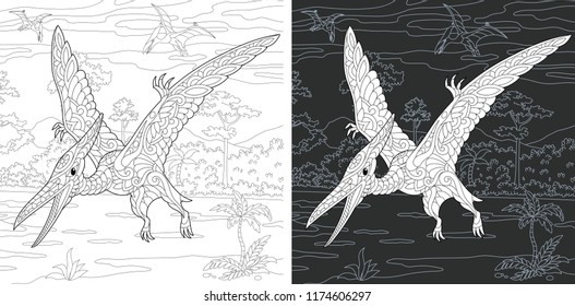 Coloring Page. Coloring Book. Dinosaur collection. Colouring picture with Pterodactyl drawn in zentangle style. Antistress freehand sketch drawing. Vector illustration.