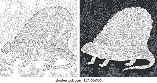 Coloring Page. Coloring Book. Dinosaur collection. Colouring picture with Dimetrodon drawn in zentangle style. Antistress freehand sketch drawing. Vector illustration.