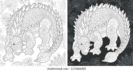 Coloring Page. Coloring Book. Dinosaur collection. Colouring picture with Ankylosaurus drawn in zentangle style. Antistress freehand sketch drawing. Vector illustration.