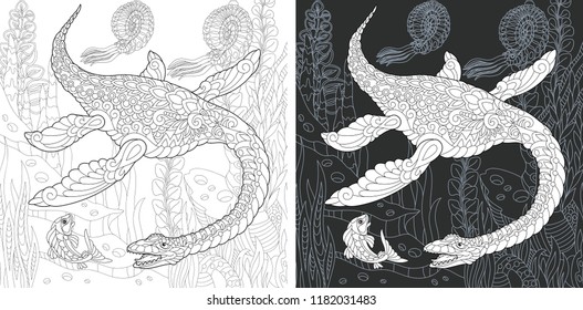 Coloring Page. Coloring Book. Dinosaur collection. Colouring picture with Plesiosaurus drawn in zentangle style. Antistress freehand sketch drawing. Vector illustration.