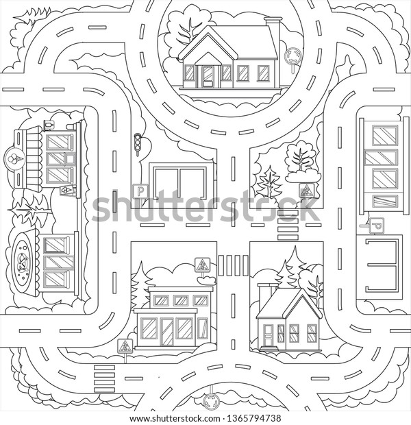 Coloring Page Book Drawing City Road Stock Vector (Royalty Free) 1365794738