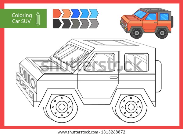 Coloring page for book.\
Drawing worksheets with a car SUV. Children colouring page. Drawing\
lesson for kids. Activity art game with vehicle. Vector\
illustration.