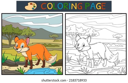 coloring page or book with fox in the forest