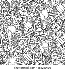 Coloring page book with fruits and leaves. Seamless background pattern black and white