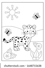 Coloring page or book for kids. Cute cartoon leopard with butterfly. Safari tropical animals. Vector character. Educational game.