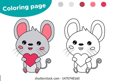 Coloring page or book for kids. Educational game. Kawaii cartoon mouse with pink heart. Valentines day theme. Vector illustration.