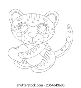 Colorante página de libro para niños. Vector lindo tigre lineal, sosteniendo el corazón. Símbolo del año nuevo 2022. Concepto de San Valentín. Aislado sobre fondo blanco