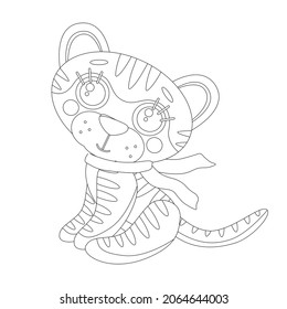 Coloring page of book for kids. Vector cute linear tiger cub in scarf. Symbol of 2022 new year. Isolated on white background