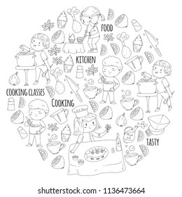 Coloring page for book. Kitchenware. Cooking class, courses for children and parents. Vector pattern.