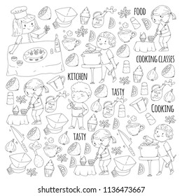 Coloring page for book. Kitchenware. Cooking class, courses for children and parents. Vector pattern.