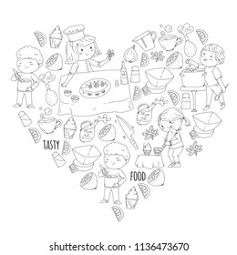Coloring page for book. Kitchenware. Cooking class, courses for children and parents. Vector pattern.