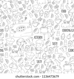 Coloring page for book. Kitchenware. Cooking class, courses for children and parents. Vector pattern.
