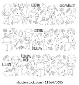 Coloring page for book. Kitchenware. Cooking class, courses for children and parents. Vector pattern.