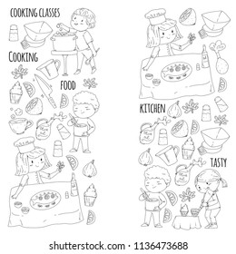 Coloring page for book. Kitchenware. Cooking class, courses for children and parents. Vector pattern.