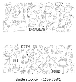 Coloring page for book. Kitchenware. Cooking class, courses for children and parents. Vector pattern.
