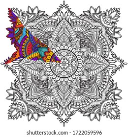 coloring page book, mandala with an example of color