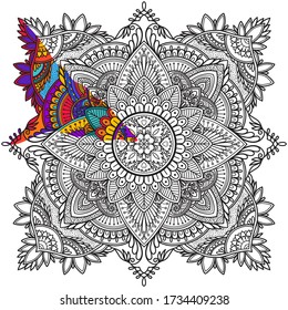 coloring page book, mandala with an example of color
