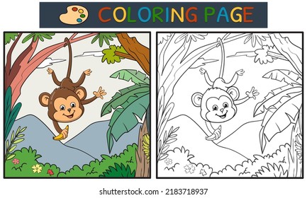 coloring page or book with monkey hanging on the tree