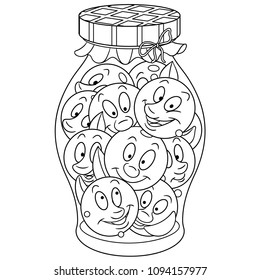 Coloring page. Coloring book. Pickles jar. Pickled cherry tomatoes. Happy Food concept. Cartoon design for t-shirt print, icon, logo, label, patch, sticker.